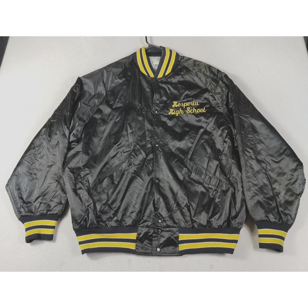 Vintage DeLong Jacket Mens XL Black Satin Hesperia High School Varsity Made USA